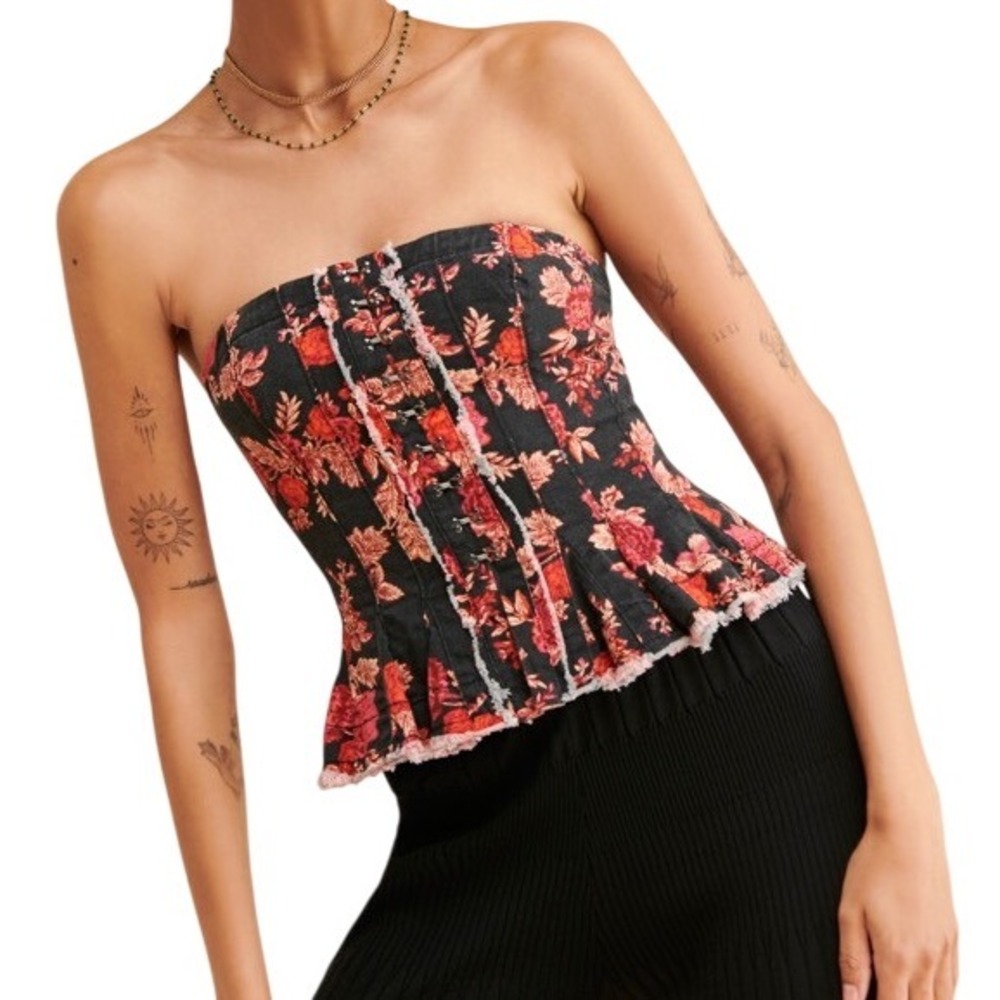Free People Black Floral Strapless Crop Top